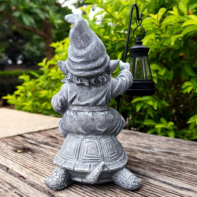 Bezseili Garden Gnome Statue Riding Turtle - Garden Gnomes Decorations with Solar LED Lights, 7.9" Outdoor Resin Figurine Ornament for Patio, Yard, Funny Lawn Decor (Gray)