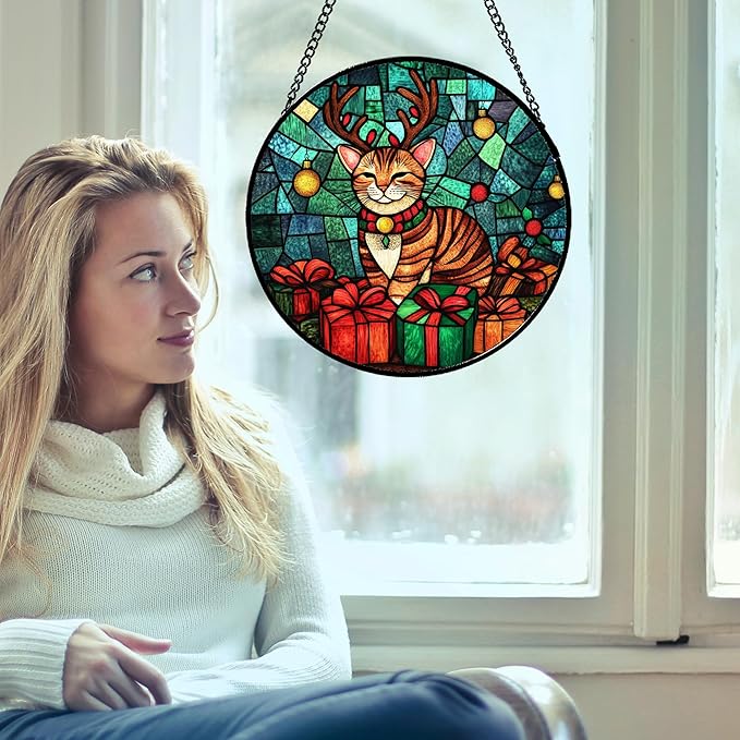 CRISGIF Stained Glass Window Hanging Cat with Elk Antlers 9.8" - Suncatcher Door Garden Sun Catcher Home Decor Birthday Christmas for Lost Pets Mom Men Woman Nana