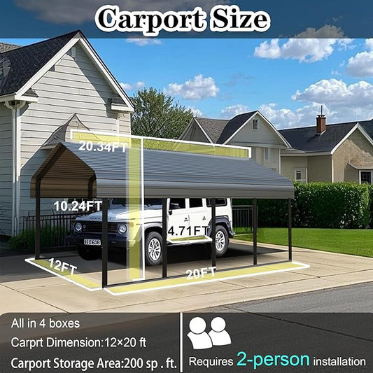 12x20 ft Metal Carport & Portable Garage, Heavy Duty with Galvanized Steel Roof & Frame - Large Tall Carports Canopy for Snow, Grey for Outdoor Garages