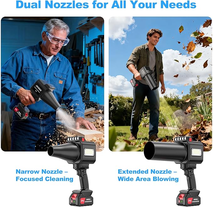 DEGGE Brushless Leaf Blower Cordless, Handheld Leaf Blowers with LED Work Light, Two Interchangeable Nozzles, Turbo Jet Blower for Lawn Care, Patio Cleaning, Garage Dust & Outdoor Use