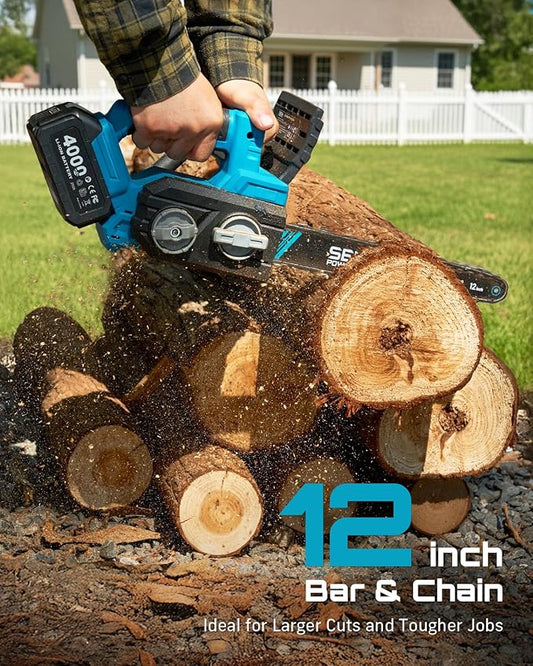 SEESII Electric Chainsaw Cordless 12-inch: Brushless Battery Powered Small Chainsaw, 2 x 4.0Ah Batteries, Auto-Tension and Oiling Mini Chain Saw for Christmas Dad Men Gifts, Tree Cutting Trimming