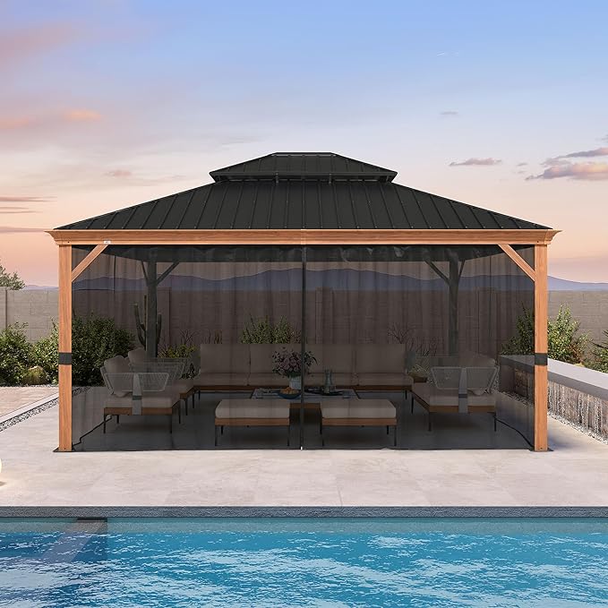 PURPLE LEAF 14' X 16' Outdoor Hardtop Gazebo for Patio Galvanized Steel Double Roof Permanent Canopy Teak Finish Coated Aluminum Frame Pavilion Gazebo with Netting