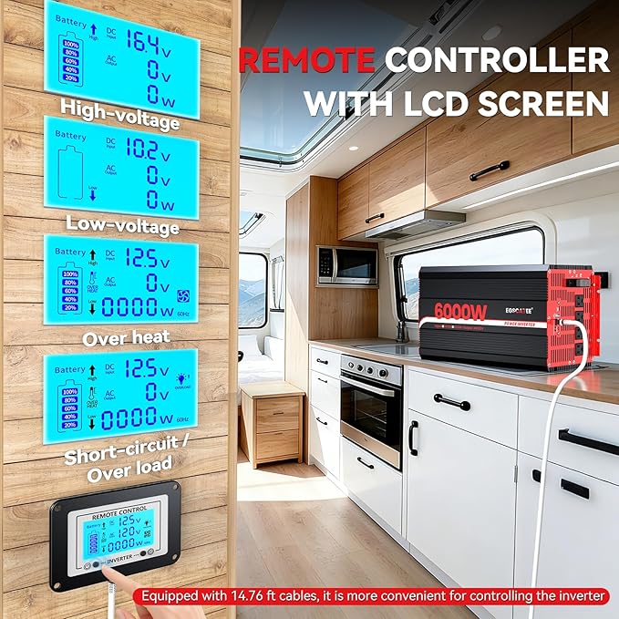 6000W Power Inverter 12V DC to 120V AC Converter for Truck, Home, RV, Peak 12000W Off-Grid Solar Power Inverter with 4 AC Outlets, USB Port,Type-C Port, Remote Controller with LCD Screen