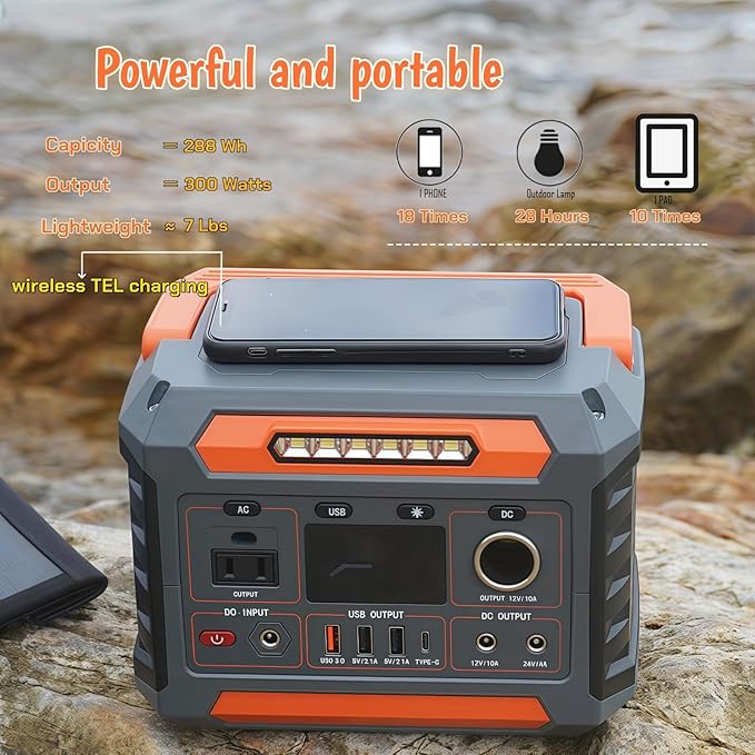 OTHC A3B Portable Power Station 300W Output, 288Wh Battery, fast charging, lightweight, 3-Way Charging, Wireless Charging for outdoor, camping.