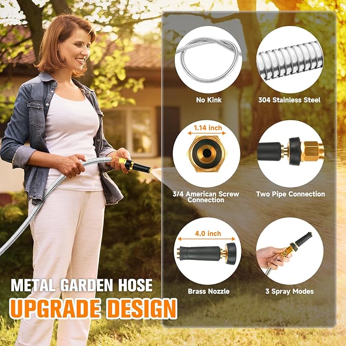 Metal Garden Hose 25 FT - 304 Stainless Steel Water Hose 25 FT - Expandable Short Flexible Garden Hose,no Kink Explosion, no Bite