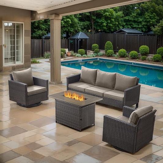 4 Piece Wicker Patio Furniture with Fire Pit Table - Outdoor Conversation Set with 50,000 BTU Fire Pit, All Weather Rattan Patio Set for Deck Backyard Garden - Brown Wicker Grey Cushion