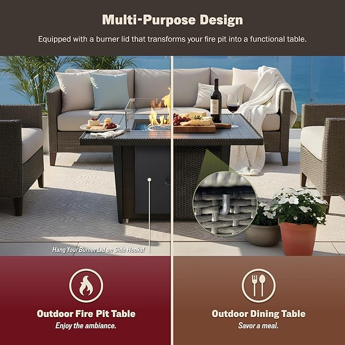 Kinger Home Ethan Rattan 42-Inch Propane Gas Fire Pit Table, Outdoor Patio Firepit, 50,000 BTU, CSA Certified, Includes Wind Guard & Fire Glass