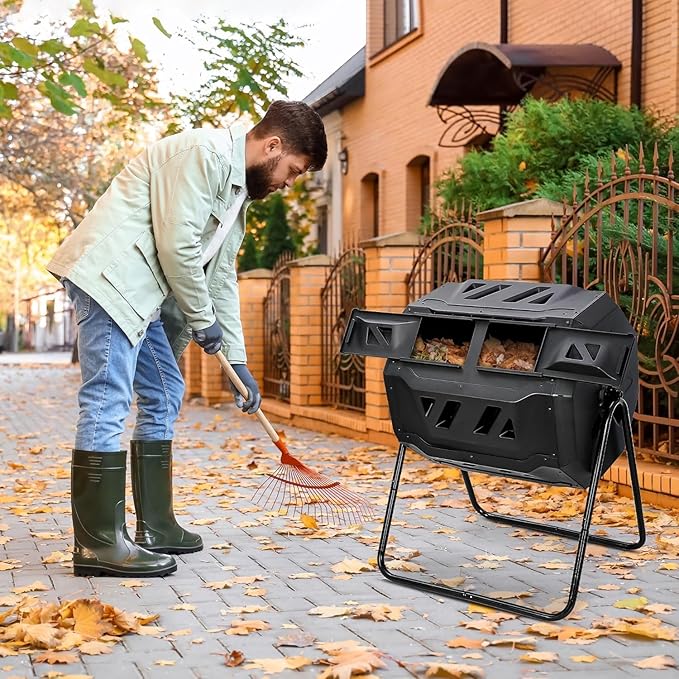 Saturnpower Large Composting Tumbler Dual Chamber Outdoor Garden Rotating Compost Bin Tumbling Composter with Sliding Door (43 Gallon, Black)