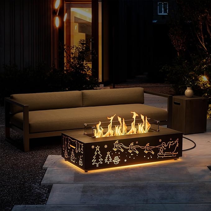42" Propane Fire Pit Table with Christmas Cutout Decoration and LED Lights – 50,000 BTU with Wind Guard Glass, Lid, Rocks and Cover – Outdoor Fireplace (Grey/Christmas Golden, 42" LED)