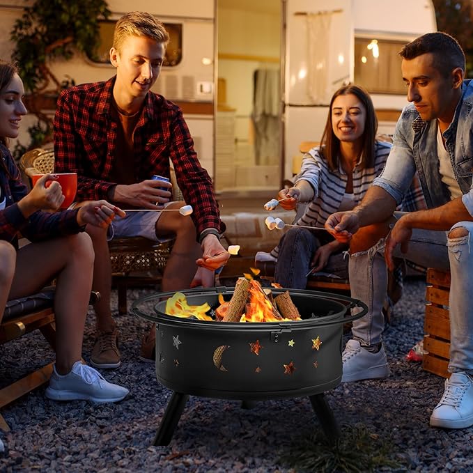 30 Inch Portable Fire Pit for Patio, Backyard, Garden, Fire Pits for Outside Wood Burning with Lid & Poker, Outdoor Firepit & Round Metal Firepit for Camping, Heating, Bonfire & Picnic