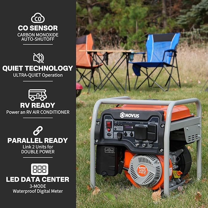NOVUS 4000W Portable Inverter Generator for Home Use, Quiet Gas Generator with 223cc Engine, CO Sensor, RV Ready, GFCI Outlets for Home Backup, Camping, and RVs, EPA Compliant