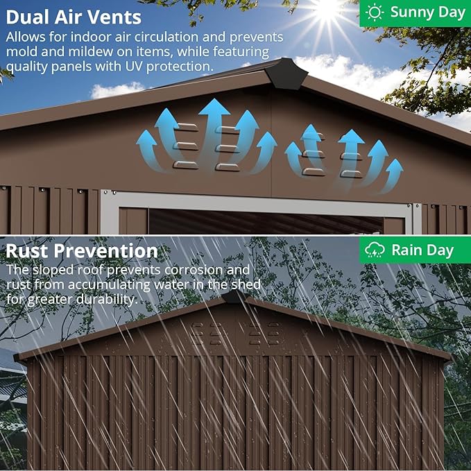 8X15 FT Metal Outdoor Storage Shed, Large Galvanized Steel Garden Tool Shed with Lockable Double Doors & Ventilation - Weatherproof Shelter for Bicycles, Lawn Mowers, Tools in Backyard