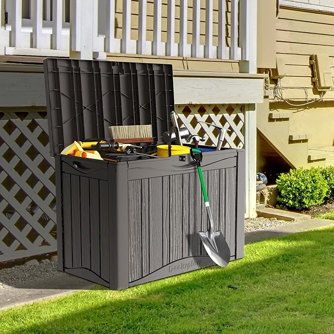 50GAL Brown Deck Box with Special Pattern and Lock Hole - Waterproof, SGS - Approved UV Resistance, Stylish Storage for Outdoor Cushions and Decor, Effortless Assembly Process