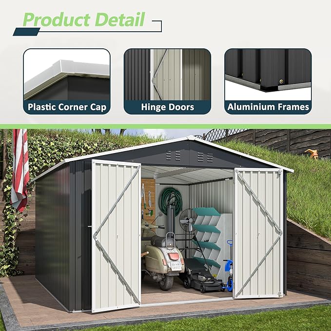 Favfurish 10 x 10 FT Outdoor Storage Shed,Heavy Duty Tool Sheds Metal Storage Garden Shed with Sloped Roof and Lockable Doors,Large Metal Storage Sheds for Backyard Patio Lawn, Black