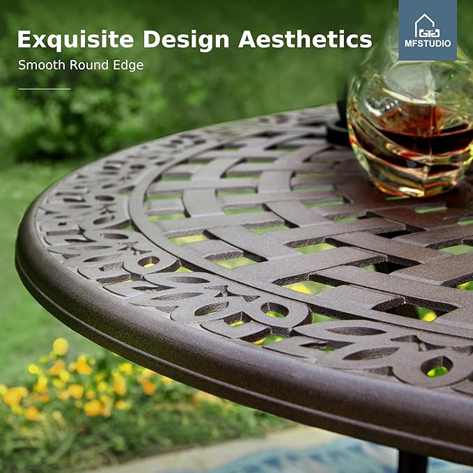 MFSTUDIO Cast Aluminum Patio Dining Table, 54" Round Outdoor Table with 2.2’’ Umbrella Hole, Retro Pattern Metal Aluminum Outdoor Dining Table for 4-6