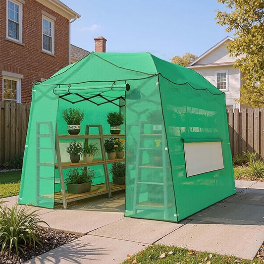 11 x 8.5 ft Portable Pop-up Walk-in Greenhouse, Portable Pop-up Green House 3 Adjustable Height Heavy Duty Plant Gardening Canopy with Durable PE Cover for Indoor Outdoor (Clear and Green)