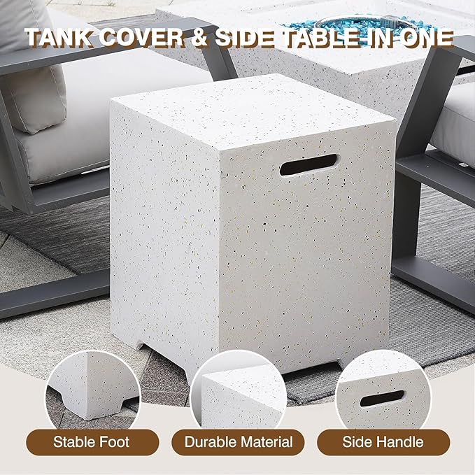 2-Piece Outdoor Propane Fire Pit Table Set – Premium Terrazzo-Like MgO Finish, Sturdy & Waterproof 56-Inch Gas Fire Table with Tank Table, Garden & Backyard, Includes Rain Cover & Glass Beads