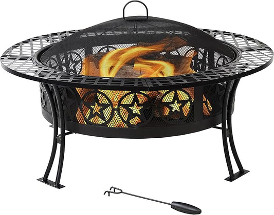 Sunnydaze 40-Inch Round Steel Fire Pit Table with Durable Spark Screen and Poker - Portable Design - Black - Four Star
