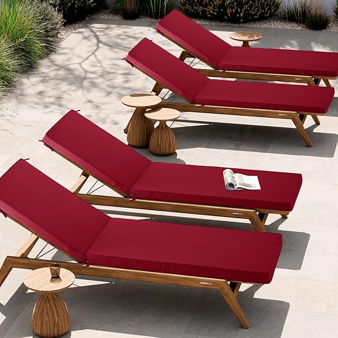 Outdoor Chaise Lounge Cushion Set of 2, Fadesafe Water-Repellent Lounge Deck Reclining Chair Cushions for Patio Furniture Lawn Pool Resort Hotel, 72x21x3 Inch, Burgundy