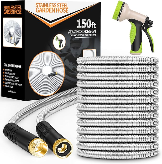 Garden Hose 150ft, Metal Stainless Steel Water Hose with 10 Function Nozzle Flexible, Lightweight, Kink-Free, Pet Proof, Puncture Proof Hose for Yard, Outdoor