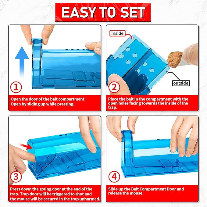 LULUCATCH Humane Mouse Traps 2 Pack, Live Mouse Traps, Catch Release Mouse Traps Indoor for Home, No Kill Mole Squirrel Rat Traps for House & Outdoors, Pet Safe, Blue