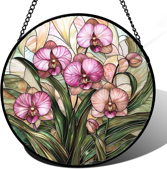 AMDERVEN Stained Glass Window Hanging - Pink Phalaenopsis Orchid Green Leaves Sun Catcher for Door Home Decor Flower Suncatcher Christmas Mother's Day Birthday Gifts for Women Men Mom Nana 11.8 in
