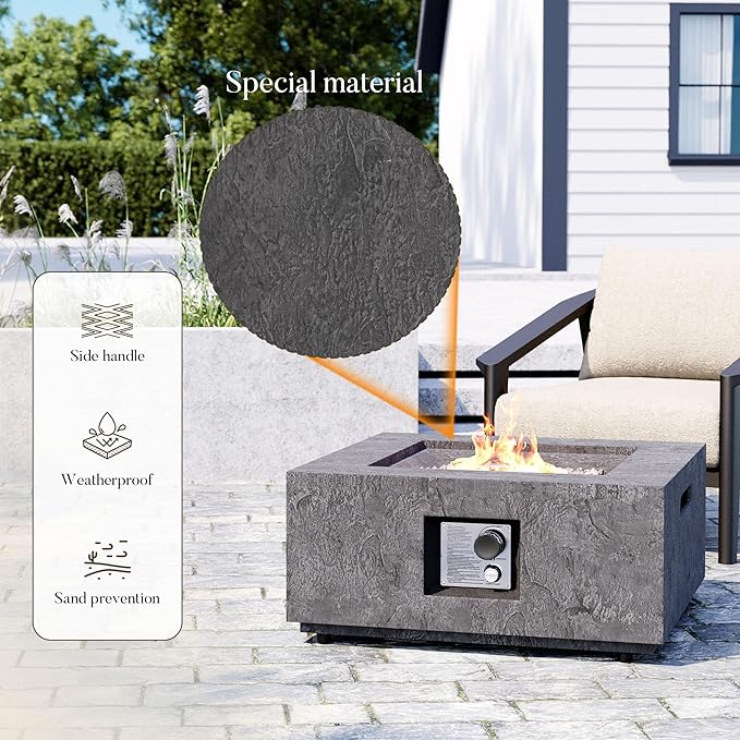 Cosiest Propane Fire Pit for Outside, 28 in Square Gas Fire Pits for Outdoor Patio, Certified, 50000 BTU Concrete Rectangle Base with Rain Cover, Free Lava Rocks