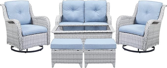 Belord Wicker Outdoor Furniture Patio Furniture Set - 6 Piece Patio Conversation Set with Swivel Rocker Chairs, Loveseat Sofa, Ottomans and Coffee Table, Baby Blue Cushion