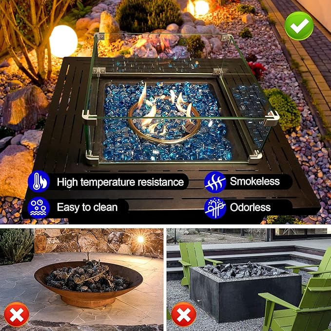 GasSaf Caribbean Blue Fire Glass Cubes for Outdoor Fire Pit, Fireplace, Replaces Existing Gas Logs & Lava Rocks, 1 Inch Glass(10 Pound)(Caribbean Blue Luster)