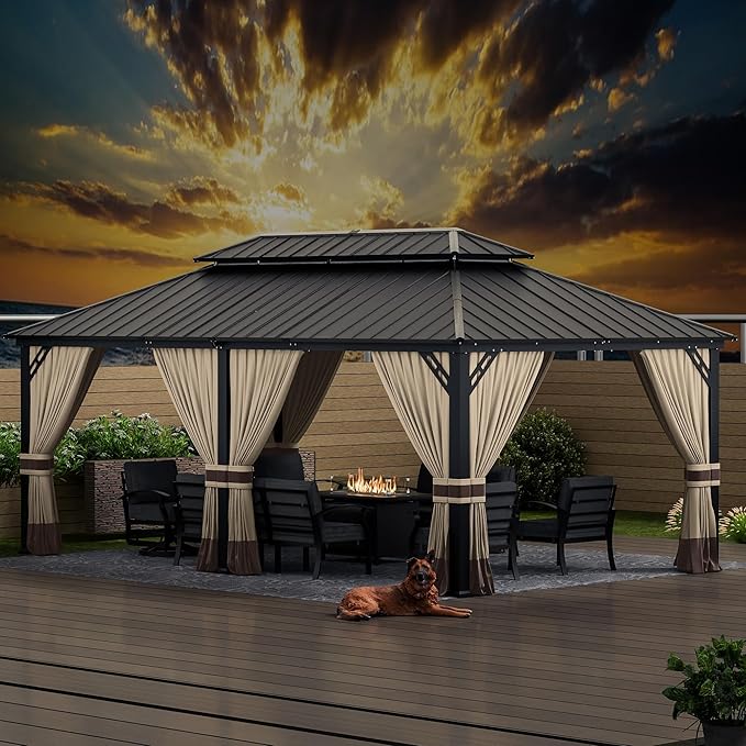 12x20ft Hardtop Gazebo Double Roof, Outdoor Pavilion with 2-Layer Hard top Galvanized Iron Frame Garden Tent, Suitable for courtyards, backyards, Decks, and Grass