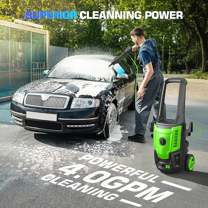 Professional Pressure Cleaner, Portable Power Washer with 4 QC Nozzles and Soap Bottle, Cleaner Machine for Cars/Home/Driveways/Patios/Decks/Fences, Green