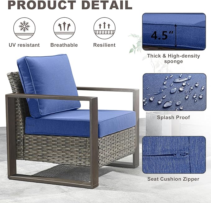 Rilyson Wicker Outdoor Patio Chairs Set of 2, Rattan Patio Furniture Chairs with Sturdy Frame,All-Weather PE Wicker,Wide Armrest,Deep Seating and Thick Cushions for Deck Porch Garden(Mixed Grey/Blue)