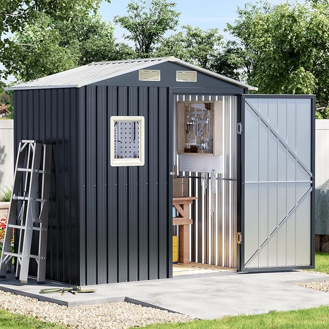 Update Version 6x4 FT Outdoor Metal Storage Shed, Single Door, 1 Clear Window, Tool Shed for Garden, Patio, Backyard Brown