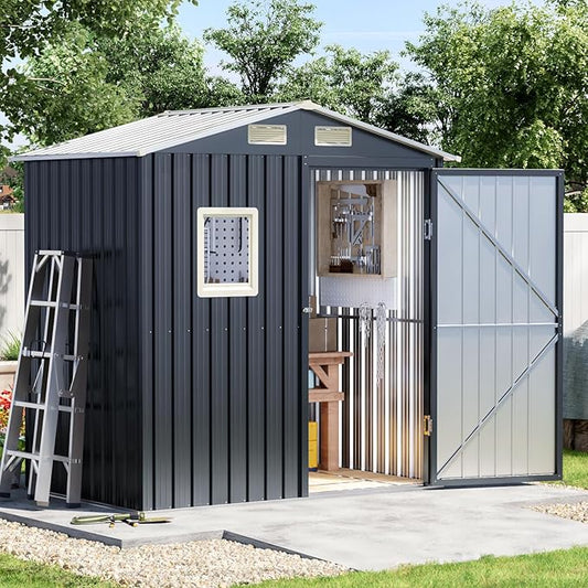 Update Version 6x4 FT Outdoor Metal Storage Shed, Single Door, 1 Clear Window, Tool Shed for Garden, Patio, Backyard Brown