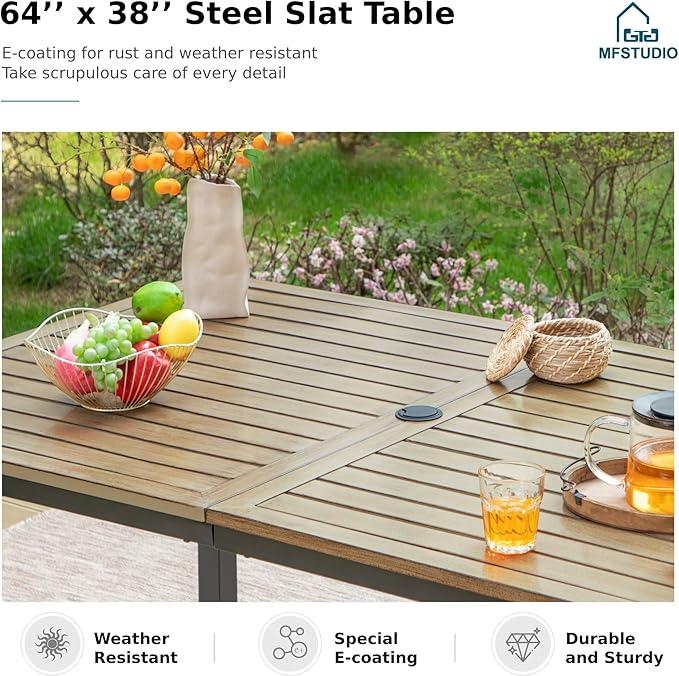 MFSTUDIO Outdoor Patio Dining Table for 6, Rectangle Metal Patio Table 64"x38" Wood-Like Tabletop with Adjustable Umbrella Hole for Deck,Backyard,Lawn,Garden