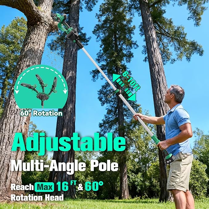 KIMO 2-IN-1 Electric Pole Saws for Tree Trimming, 8" Mini Chainsaw Cordless, 16FT Max Reach Extension Pole, 2×4.0Ah Batteries,Fast Charger, Brushless Pole Chain Saw for Tree Trimmer Limb Branch Cutter