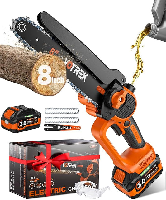 VOTREK 8-INCH Mini Chainsaw Cordless, [3.0AH] Battery Powered Electric Chain Saw, Handheld Small Hand Saw for Wood Cutting Tree Trimming Branch Cutter [Auto Oiler] [Tool-Free Tensioner] [Brushless]