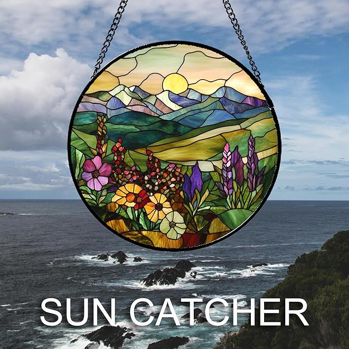 QZQCBLC Stained Glass Window Hanging Purple Wildflowers Pastoral Scenery 9.8" - Suncatcher Door Garden Sun Catcher Home Decor Birthday Christmas for Mom Men Woman Friend