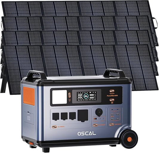 OSCAL 6000W Solar Generator With 4×400W,120V/240V Split Phase Voltage Portable Power Station PowerMax 6000, 6000w AC Output (9000W Surge),2400W MPPT Solar for Emergency 777
