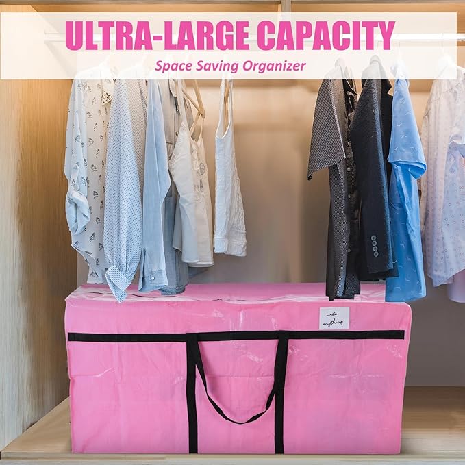 Windyun 4 Pack 98 Gallon Extra Large Storage Bags XXL Moving Bags with Zipper Handles Heavy Duty Jumbo Big Tote Box for Christmas Tree Storage 4, 5, 7.5, 9, 10, 12 ft Skeleton College Dorm(Pink)