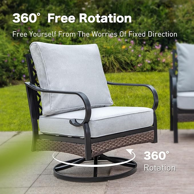 6 Piece Black Metal Outdoor Patio Furniture Set with Firepit Table, Patio Conversation Sets 1 3-Seater Sofa, 2 Leg Sofa & 2 Swivel Sofa with 5.75" Cushion for Backyard Deck, Light Gray