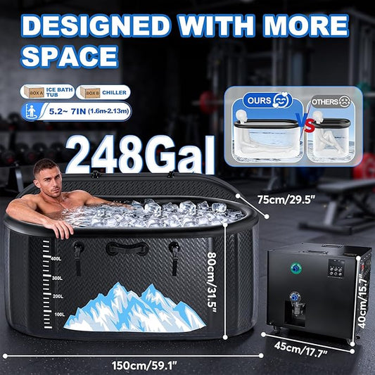 Cold Plunge Tub, 248 Gallon, 1 Horsepower, Heavy-Duty Ice Bath Tub for Athletes with Hot & Cold, Portable Inflatable Plunge Chiller with Water Treatment Kit, Immersion Therapy, WiFi (Black, 1 Set)