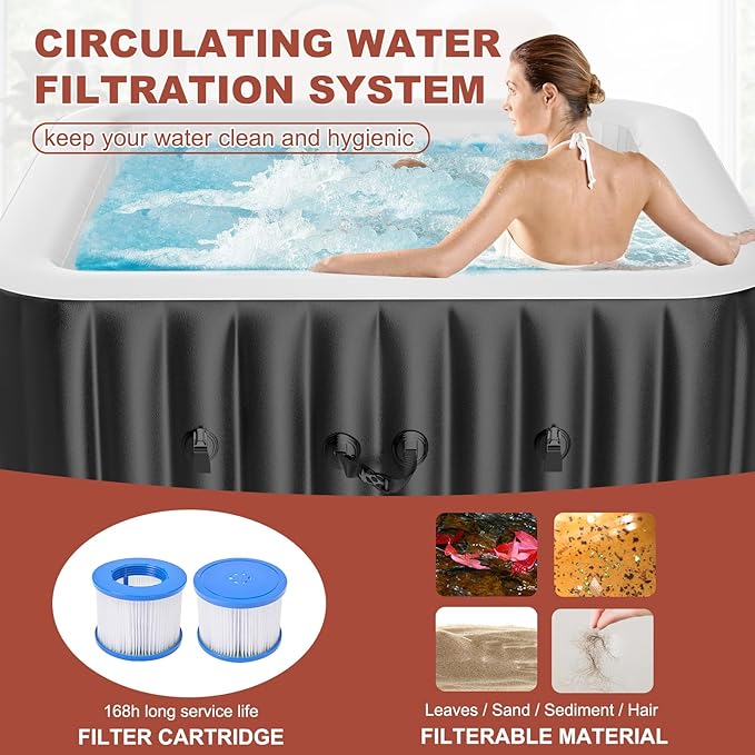 LILYPELLE 4-6 Person Inflatable Hot Tub, Square Portable Hot Tub with 130 Bubble Jets, Large Outdoor Spa Bathtub Set with Heater Pump, Filter and Insulated Cover, 73" X 73" X 25"