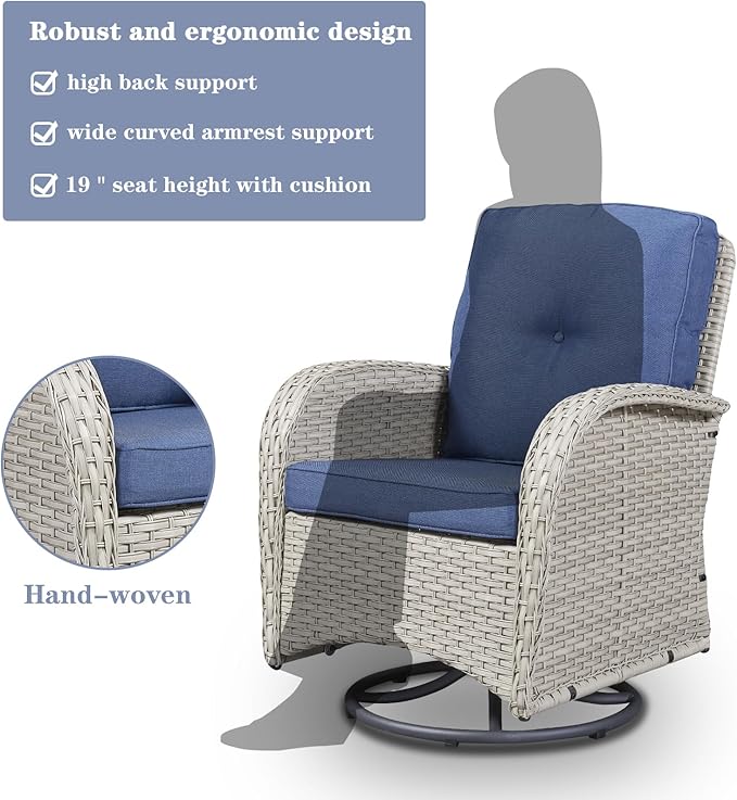 Belord Patio Conversation Sets Wicker Furniture, 7 PCS Outdoor Swivel Rocker Furniture Set for Patio Deck Poolside, 2 Swivel Rockers 2 Club Chairs 2 Rattan Tables 1 Loveseat Included, Blue Cushion