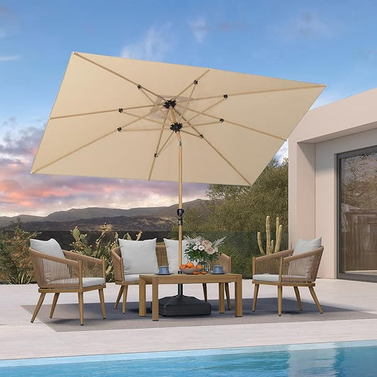 PURPLE LEAF 6.5' x 10' Outdoor Umbrella with Base Patio Umbrella Rectangular Outdoor Table Umbrella with Push Button Tilt & Crank and 8 Ribs Aluminum Market Umbrella for Backyard Deck, Beige