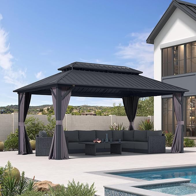 PURPLE LEAF 10' X 16' Permanent Hardtop Gazebo Aluminum Frame with Galvanized Steel Double Vented Roof Includes Removable Netting and Curtains with Hooks for Garden Patio Lawns Grey