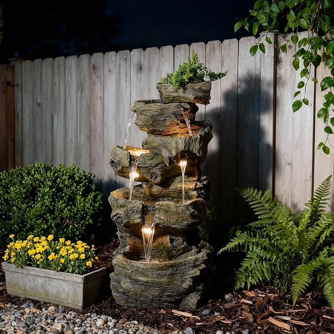 Bumilgar 40.6" H Wood-Like Water Fountain Indoor & Outdoor, 5-Tier Natural Cascading Waterfall with LED Light for Patio, Porch, Garden, Home Decor, Medium Wood