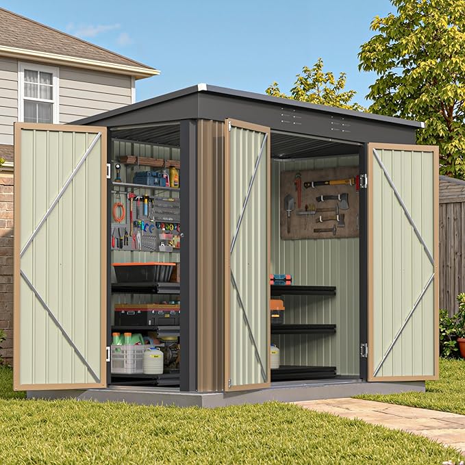 Patiowell 8x4 FT, Outdoor Storage Shed, Heavy Duty Tool Storage Sheds with 3 Lockable Doors and Updated Frame Structure for Backyard Patio Lawn, Brown