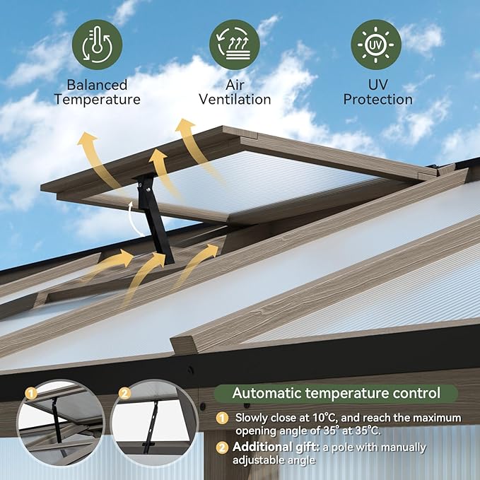 Aoxun 6x8 FT Wood Green House for Outdoors, Polycarbonate Panel Wooden Walk-in Greenhouse Kit with Automatic Temperature Control Roof Vent and Lockable Door, for Outside Backyard Garden, Gray