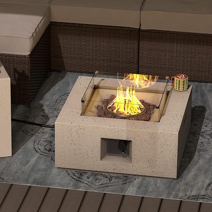 SUNBURY Outdoor 28 Inch Propane Fire Pit Table, Square Fire Table w Glass Wind Guard, 40,000 BTU Spotted White Patio Gas Fire Table Waterproof Cover, Lava Rocks
